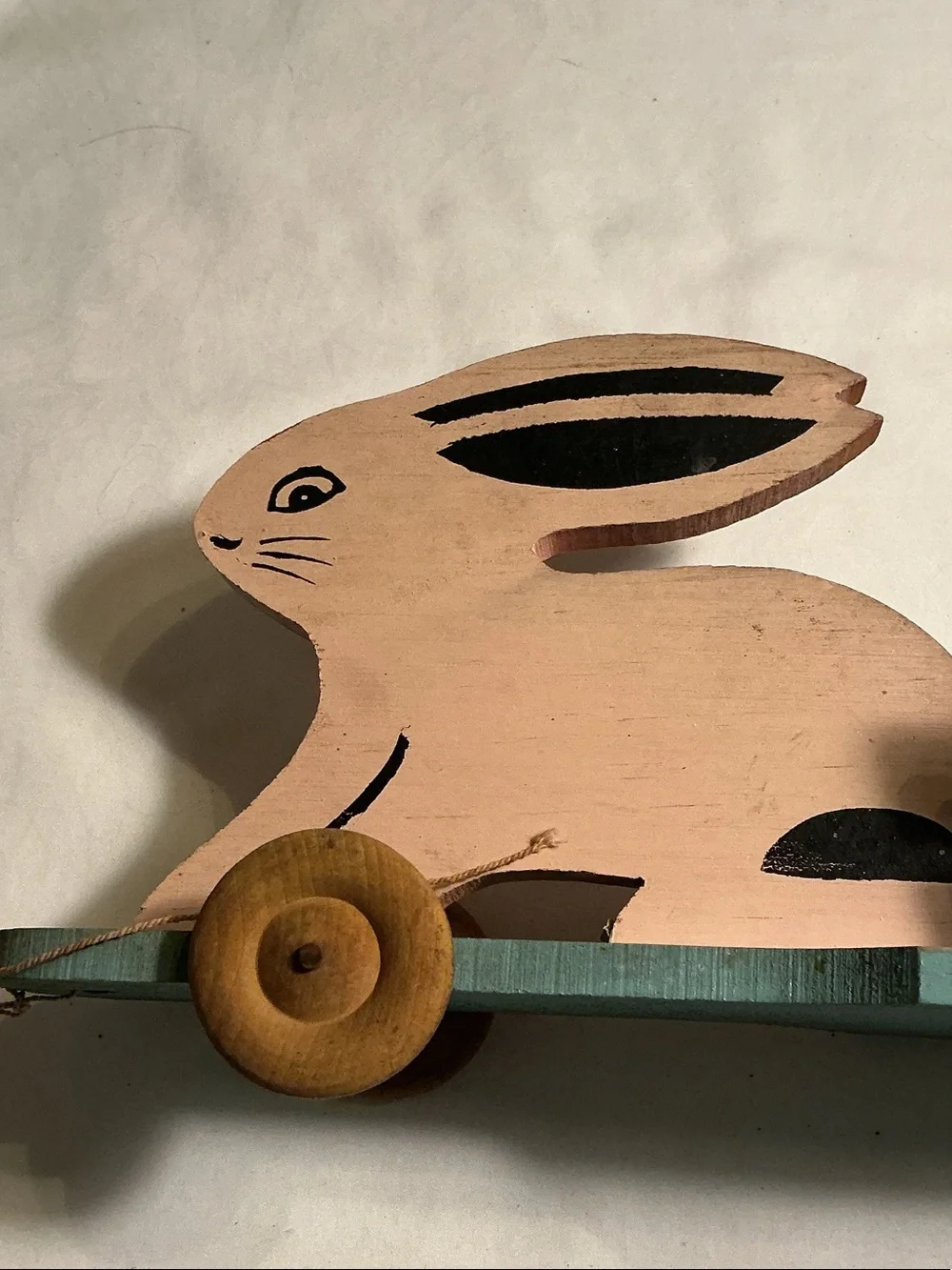 Antique Unique Rare 1900’s Pink Bunny Pull Toy w/ Teal Wagon over 125 years old